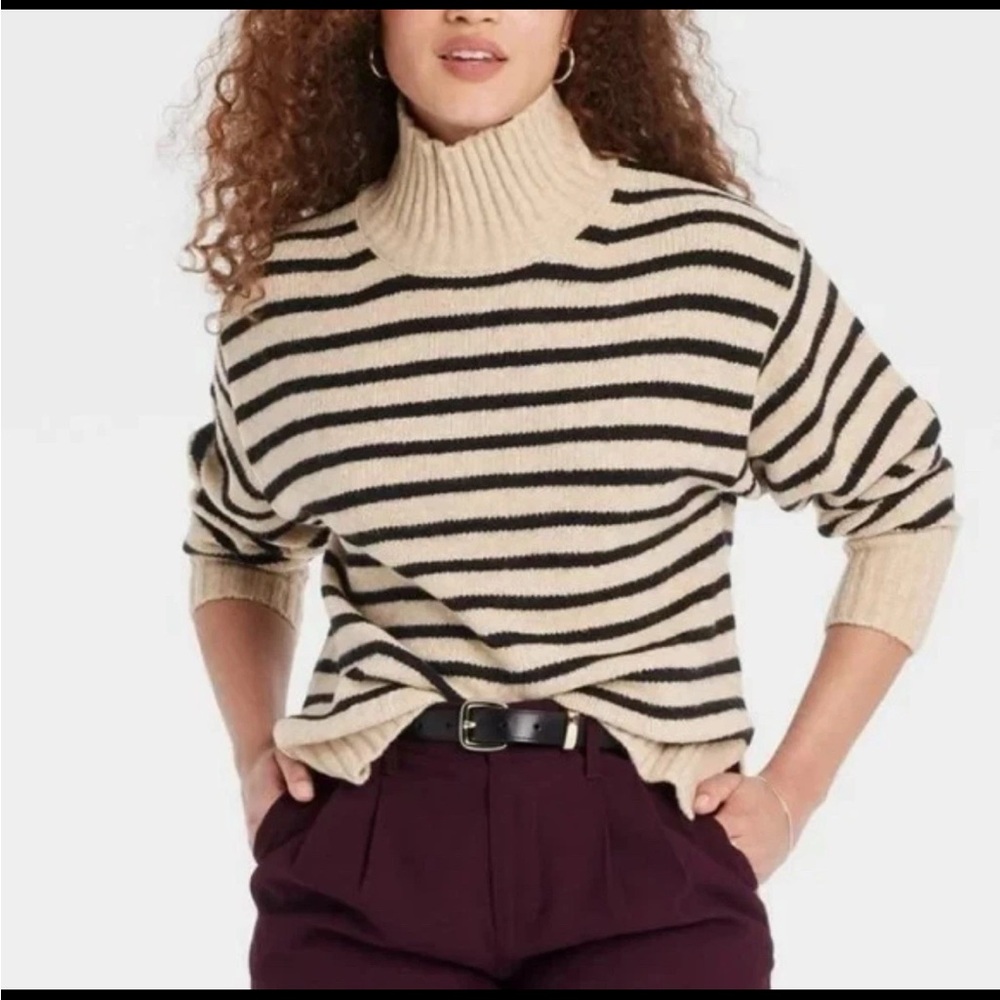 a new day Tan and Black Striped Turtleneck Sweater